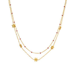 Delicate Double Layer Gold Necklace With Daisy Flower Charms And Enamel Bead