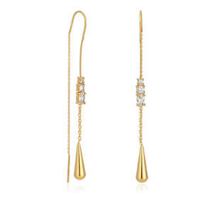 18K Gold Plated Threader Earrings with White CZ and Teardrop Charm