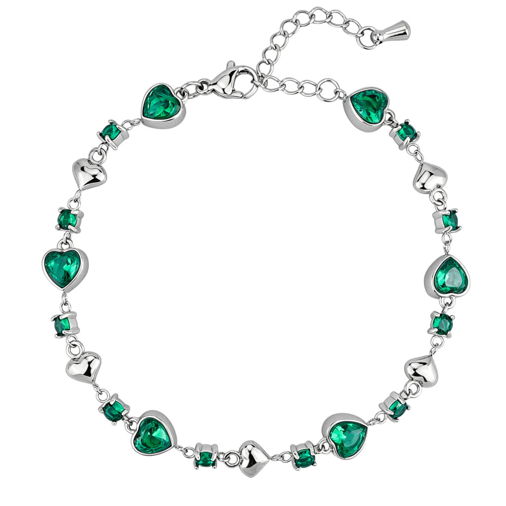 Modern Style Green Cubic Zirconia Heart Link Bracelet